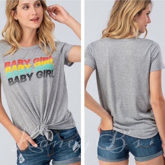 "Baby Girl" Retro Tie Front Graphic Gray T-Shirt - Picture 3 of 3